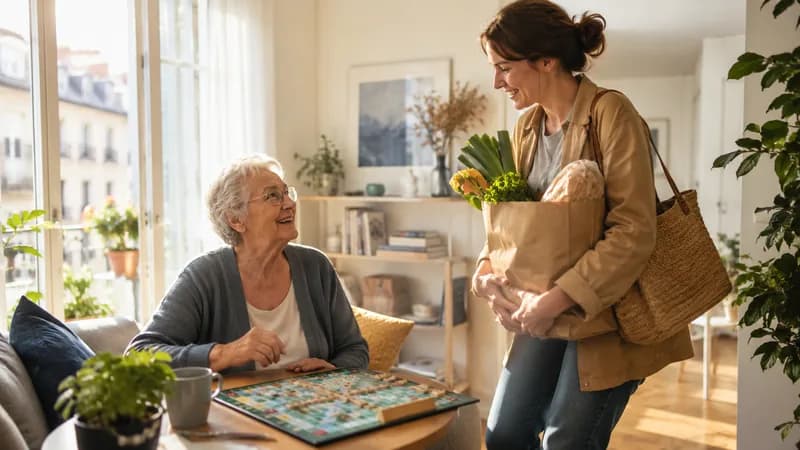Une dame âgée souriante devant un plateau de Scrabble accueille une jeune femme qui arrive avec un sac de courses.